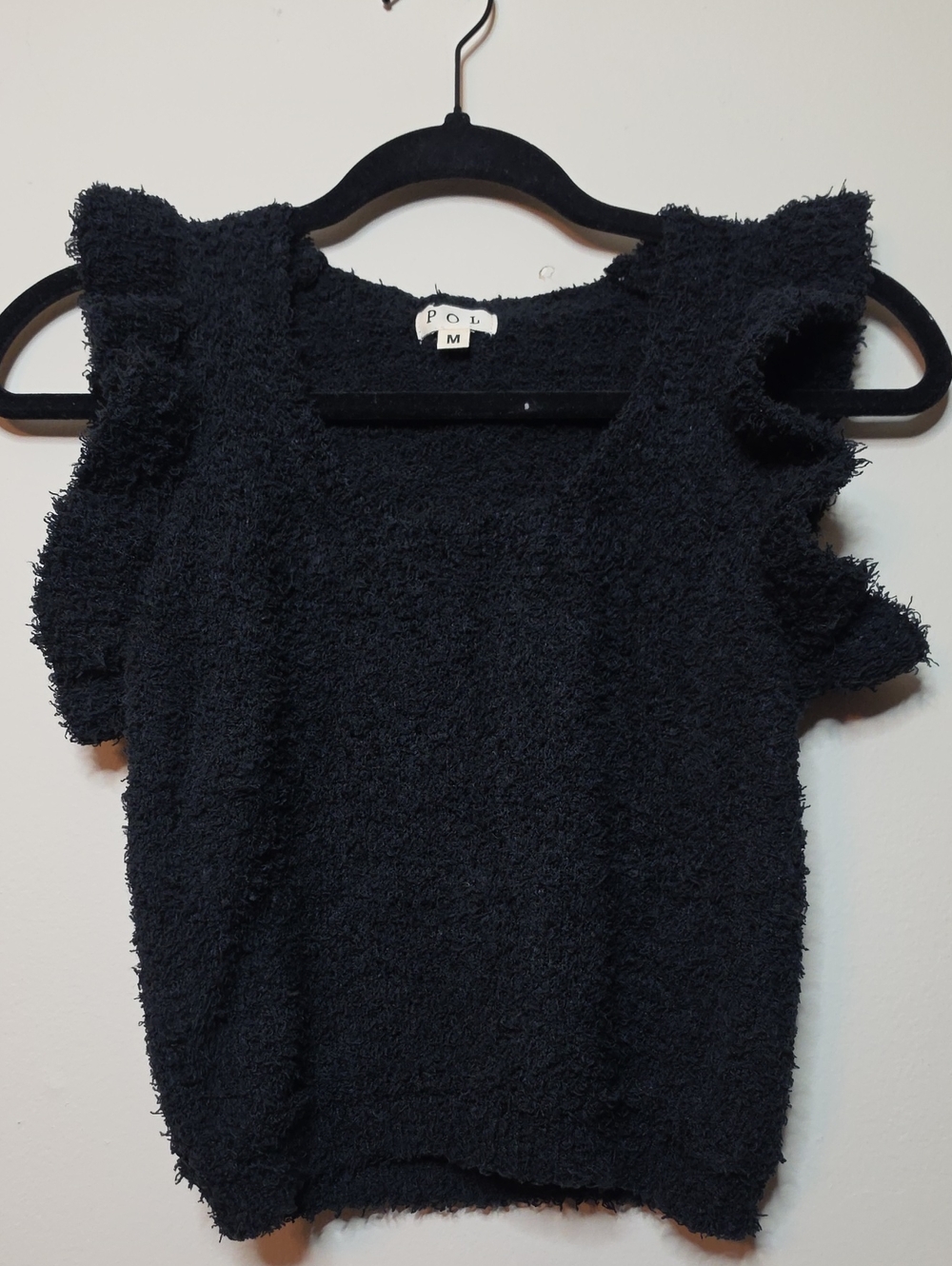 POL Black Fuzzy Textured Ruffle Sleeve Vest Top